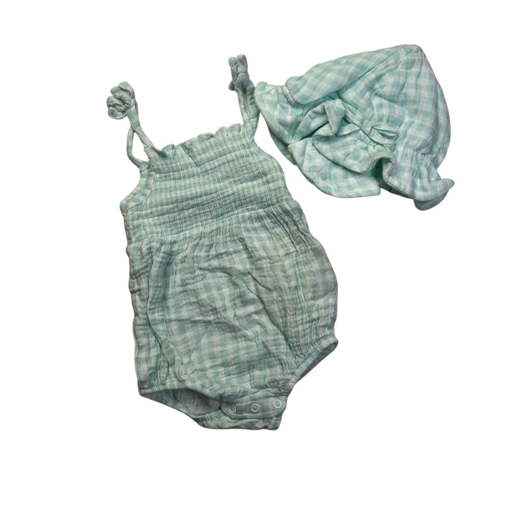 Rabbit + Bear By Emily And Oliver 6-9M Light Blue Set Of Romper And Hat